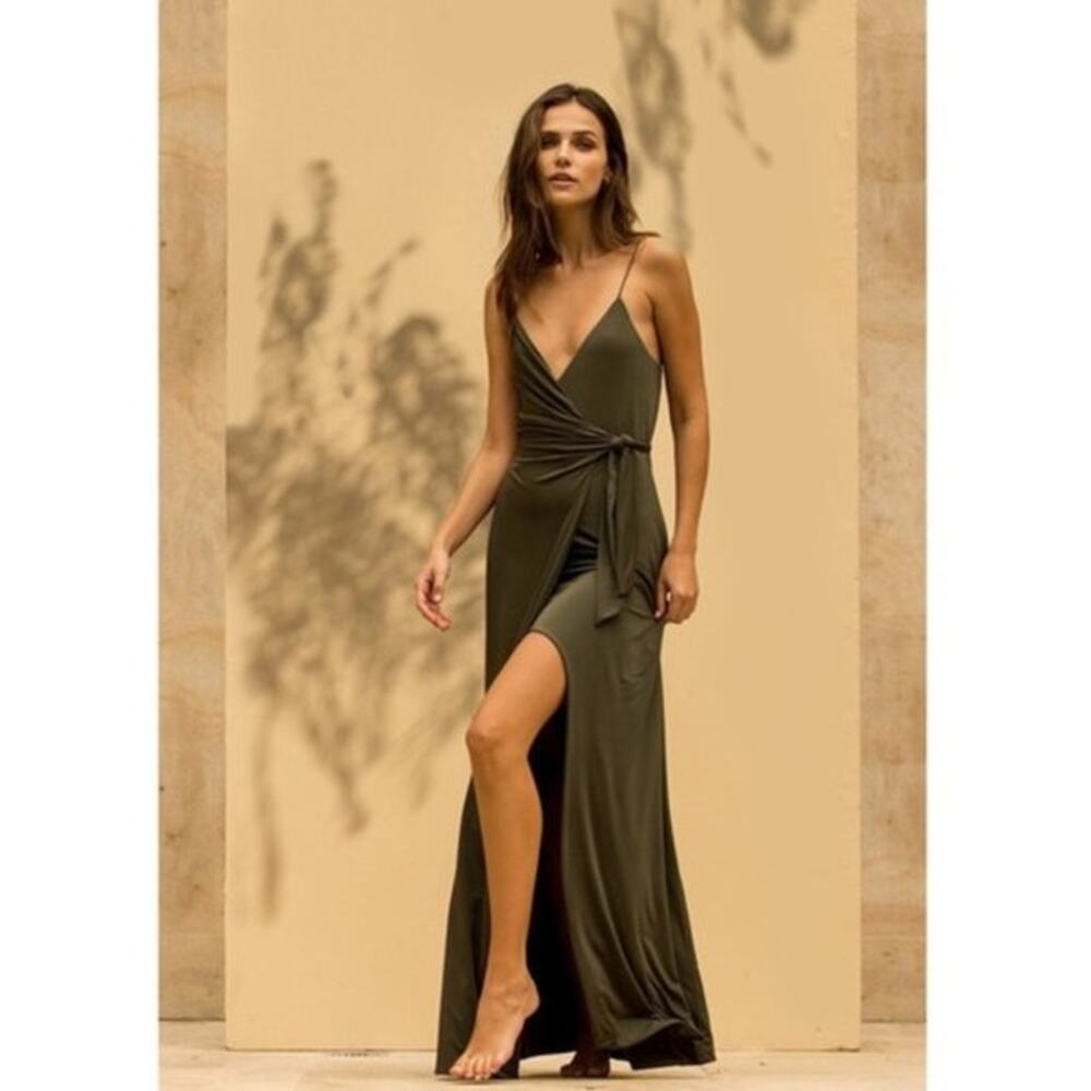 Misa Slinky Event Wrap Dress Brown Deep V Sexy Occasion Glam Maxi Women XS